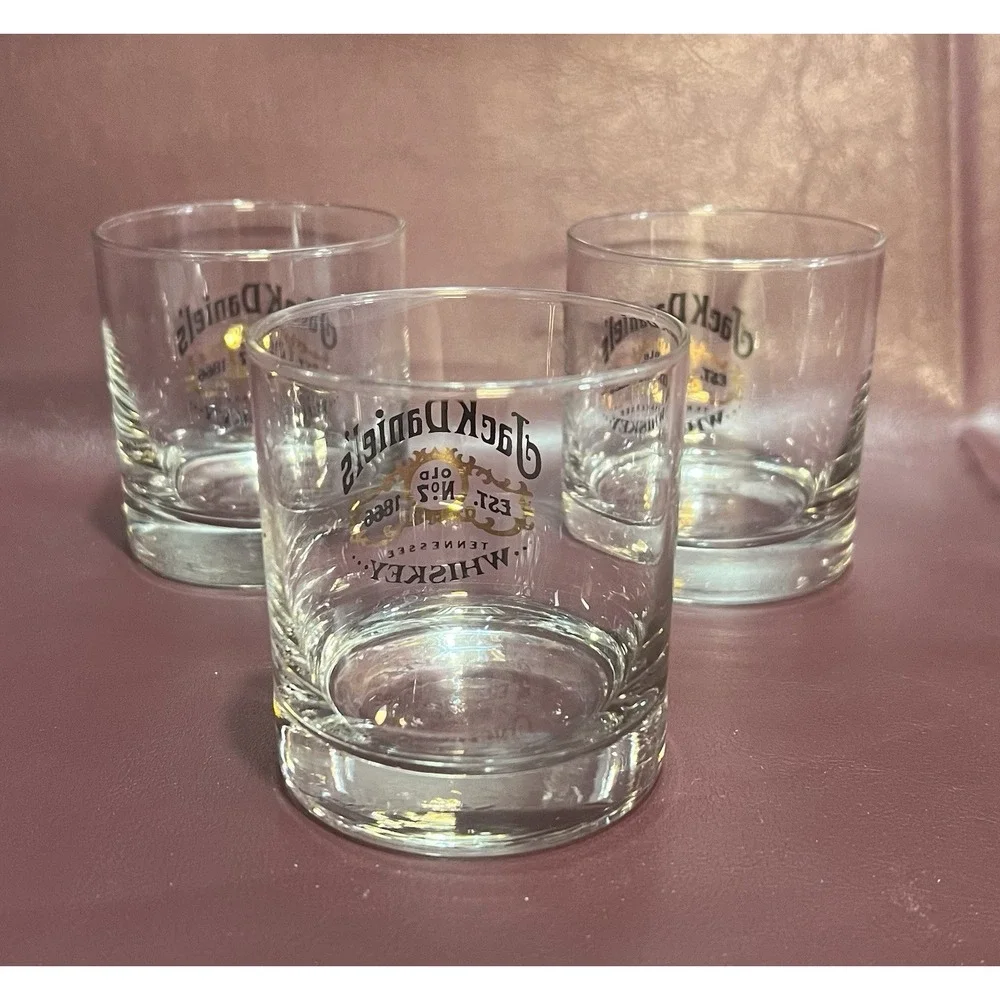3 - JACK DANIELS Low Ball Glasses - Old No 7 Whiskey- Round Tumbler - 3 in. Tall